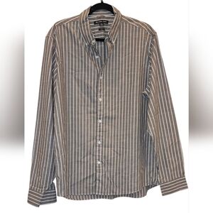 Michael Kors Men's Brown and White Striped Slim Fit Shirt